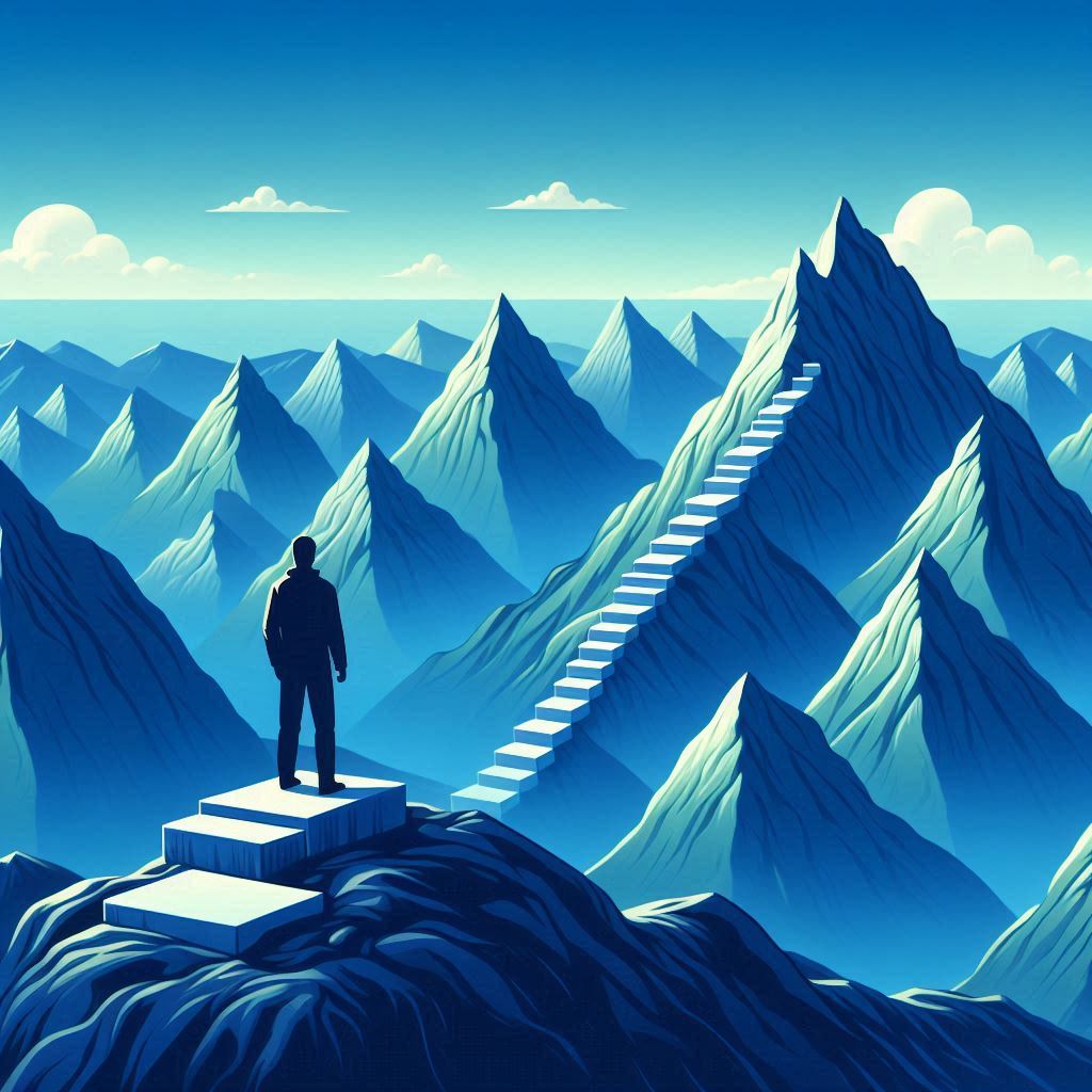 A person standing on top of a mountain, looking at higher peaks in the distance, symbolizing the pursuit of greater challenges and achievements